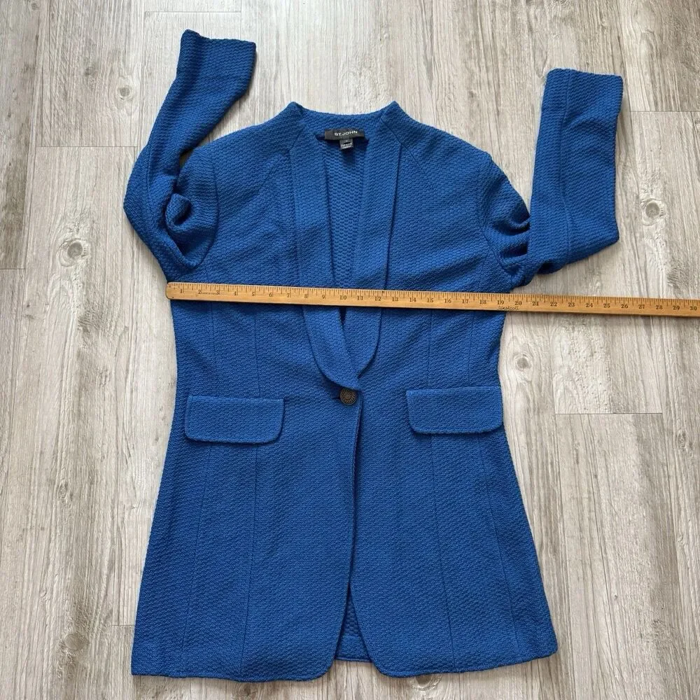 St. John Waffle Knit Jacket Blue Textured Button Front Wool Blend Blazer Size 10